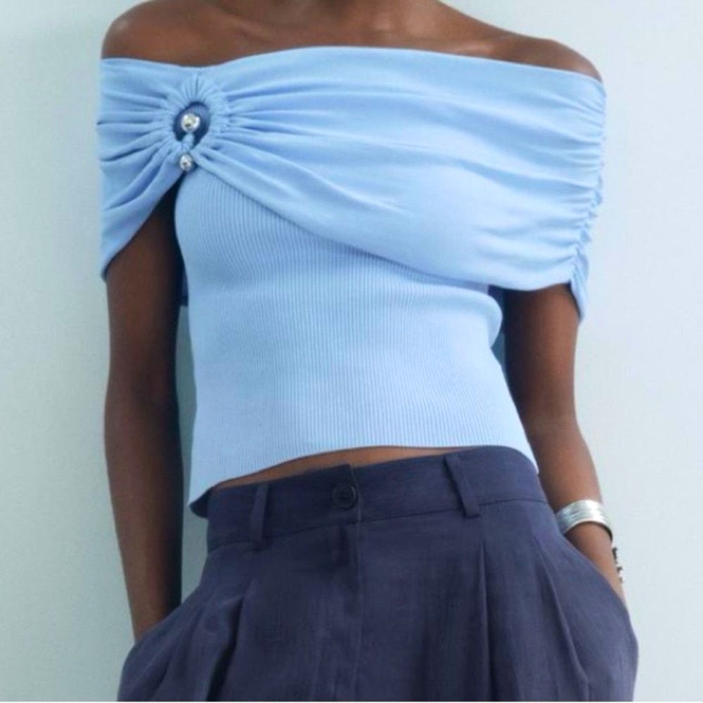 ZARA OFF THE SHOULDER METAL RING KNIT TOP NWT